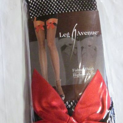 LEG AVENUE BLACK FISHNET THIGH HIGH with RED SATIN BOW - Style #9018 One Size